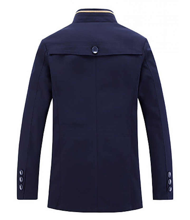 Men's Solid Casual / Work Trench coatCotton / Polyester Long Sleeve-Blue / Brown / Red