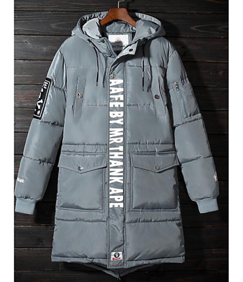 Men's Casual/Daily Simple Coat,Print Long Sleeve Winter Blue / Black / Gray / Green Polyester